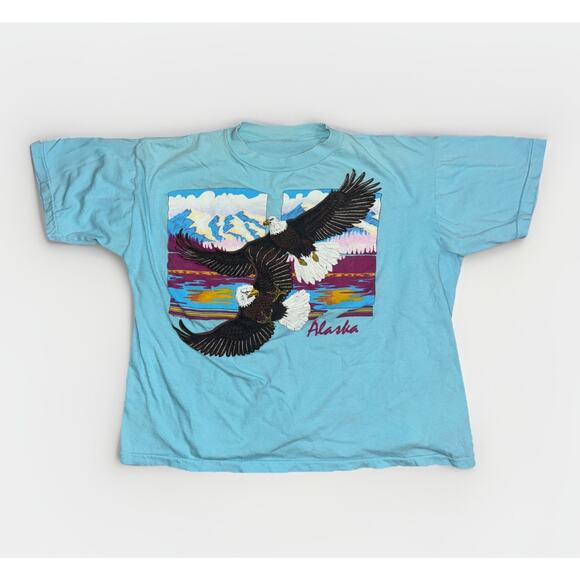 Vintage Single Stitch Bald Eagle T-Shirt Blue Medium 20x20 Alaska 80s 90s - Picture 1 of 6